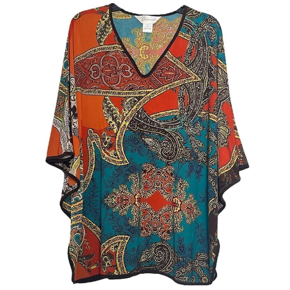 Diamond Tea Caftan Tunic Top Boho Paisley Loungewear V Neck Orange Teal Medium